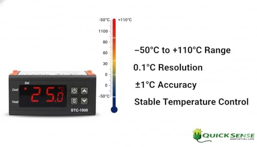 Image of Quick Sense Digital Temperature Controller | 90-250V AC Thermostat | Heating & Cooling Control | Sensor Probe Included | Aquarium, Incubator, Refrigerator, Industrial & Lab Use