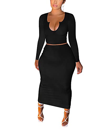Image of Women Sexy Two Piece Skirt Outfits Long Sleeve /Sleeveless V Neck Bodycon Ribbed Knitted Maxi Club Party Dress