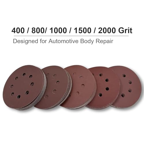 Image of 5 Inch 8 Hole Fine Grit Sanding Discs 100 Pack, 400 800 1000 1500 2000 Grit (20pcs Each), Hook & Loop Orbital Sander Sandpaper for Fine Finishing, Wood Metal Auto Body