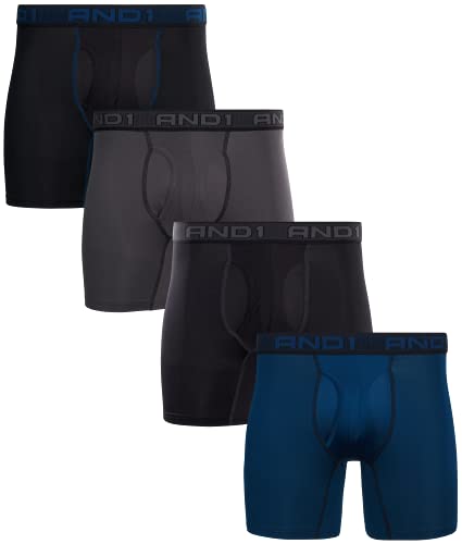 AND1 Men s Underwear - Performance Compression Boxer Briefs with Functional Fly (4 or 5 Pack), Medium, Black Grey Blue-4 Pack