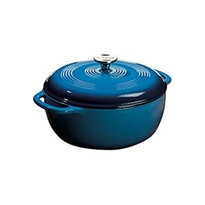 Lodge 6 Quart Enameled Cast Iron Dutch Oven with Lid – Dual Handles – Oven Safe up to 500° F or on Stovetop – Use to Marinate, Cook, Bake, Refrigerate and Serve – Blue