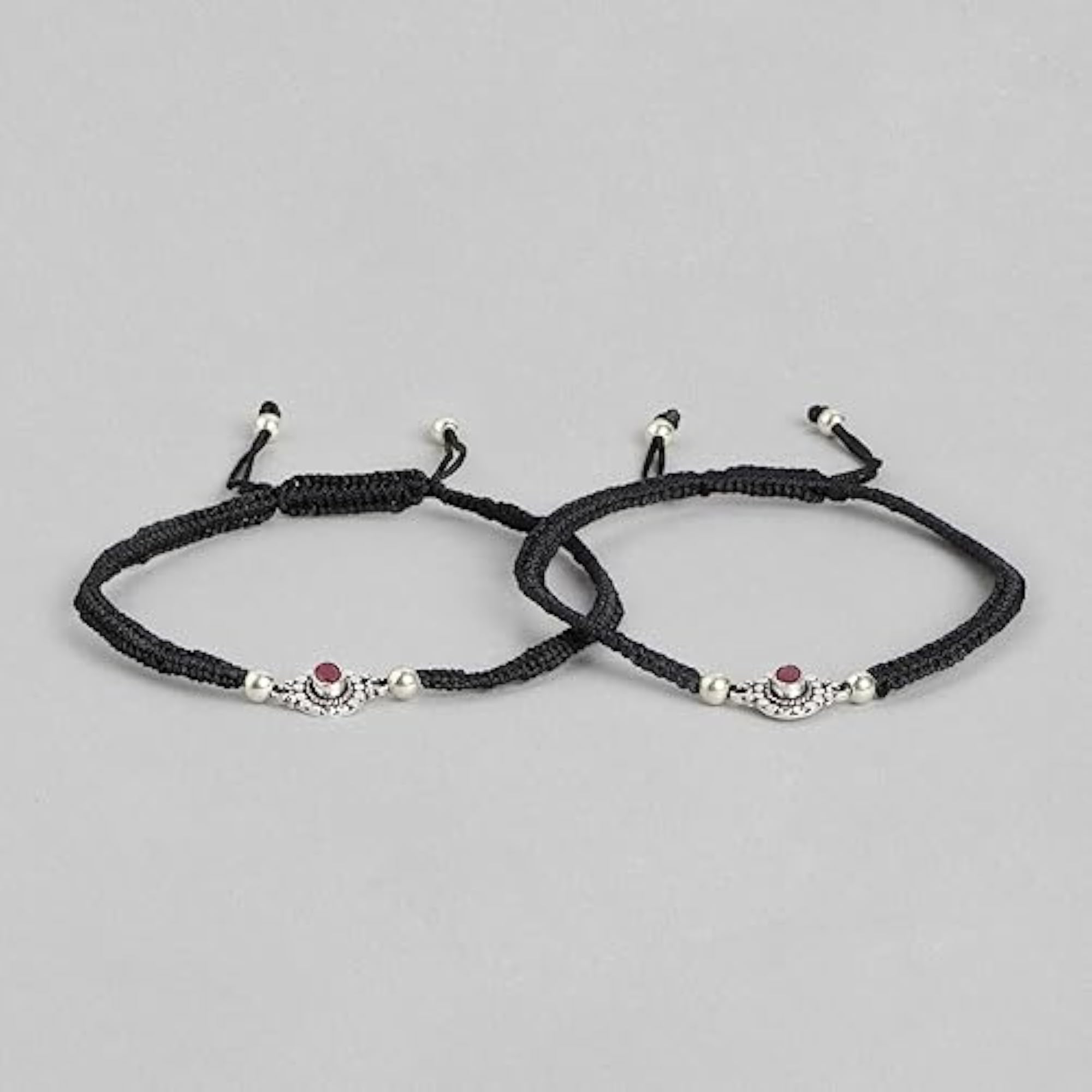 Women's 925 Sterling Silver Beads Gentle Rhodium Plated Thread Anklet, Pair