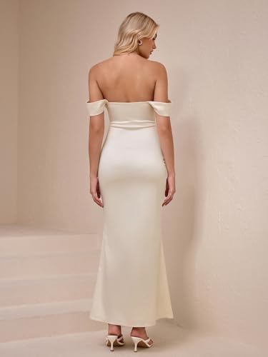 KUTUMAI Women Off Shoulder Satin Maxi Dress Elegant Ruched Bodycon Long Cocktail Formal Wedding Guest Dresses3