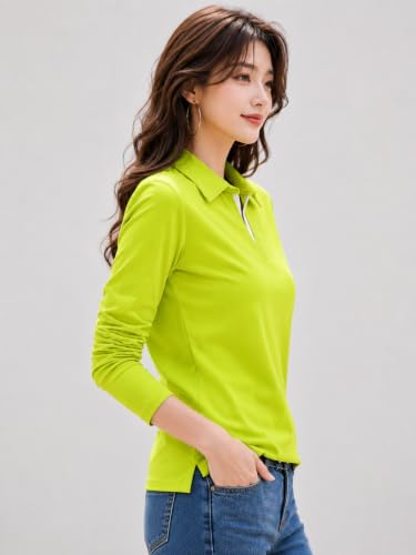 Image of Women's Solid Polo T Shirt with Collar, Long Sleeve V Neck Casual Top, Regular Fit Everyday Wear