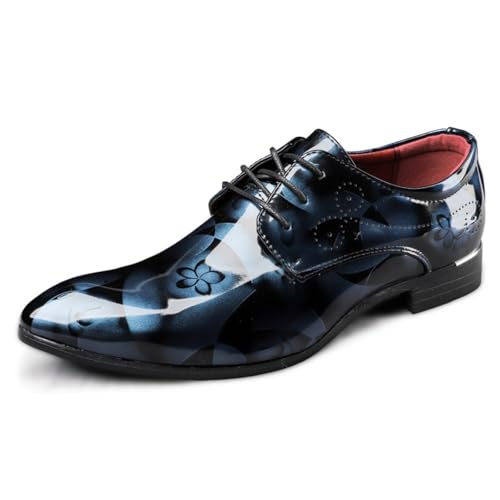 Men's Fashion Dress Oxfords - Pointed Toe, Floral Patent Leather, Lace - Up Design, Ideal for Formal & Stylish Occasions