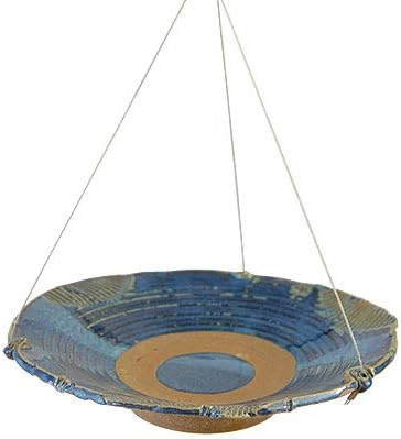 BestNest Anthony Stoneware Ceramic Bird Bath – Medium French Blue Hanging Birdbath – Handcrafted Glazed Ceramic Bowl with Unglazed Sections for Safety – Outdoor Garden Décor for Small & Medium Birds