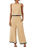 Dokuritu 2 Piece Sets for Women Summer Vacation Beach Sleeveless Linen Crop Tank Top Casual Matching Lounge Sets Long Pants Jumpsuits with Pockets