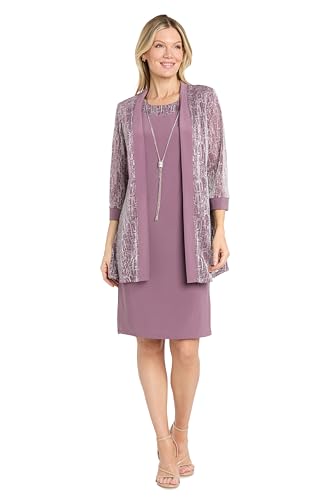 Image of R&M Richards Women's Elegant Metallic Jacquard Knit Jacket Dress | Shimmering 2-Piece Ensemble W /Detachable Necklace