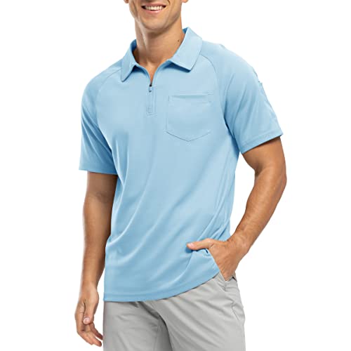 Rdruko Mens Polo Tops 1/4 Zip Short Sleeve Summer Casual Smart Breathable Golf Tennis Top Quick Dry Hiking Work T Shirts with Pocket Sky Blue XL