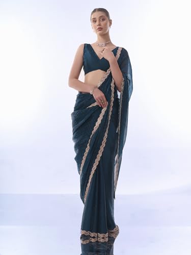 Image of ORHANS Women's Chiffon Saree with Unstitched Blouse Piece Solid Pattern and Laced Border | Lightweight Sarees for Woman | Plain Saris Daily Use | Womens Saree Modern Pattern| Stylish Saree