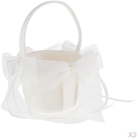 2 Pcs Beige Satin Flower Basket for Bride Wedding - Elegant Bowknots & Long Ribbons - Wedding Party Supplies, 21 x 22 cm