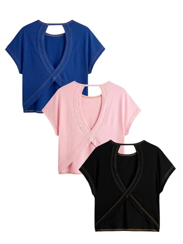 Image of RoseSeek Women's 3 Packs Open Back Tops T Shirt Criss Cross Cut Out Tee Short Sleeve Crewneck Summer Backless Tops