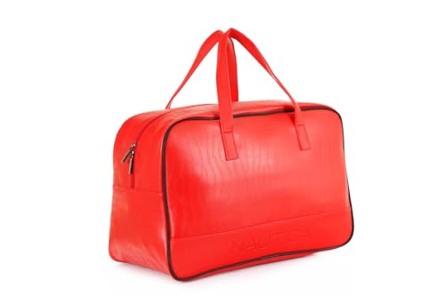 Image of Nautica Unisex 25L PU Duffle Bag for Travel | Stylish Leatherette Cabin Luggage with Smooth Zippers | Compact, Comfortable & Spacious for Weekend Trips, Gym & Everyday Use | RED