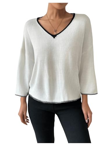 SweatyRocks Women's Contrast Binding V Neck Long Sleeve Knitwear Loose Fit Pullover Sweaters