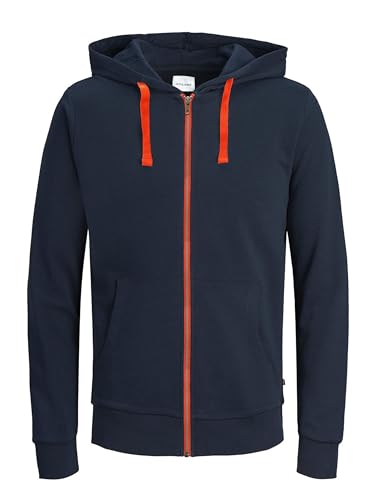 JACK & JONES Sweat à Capuche zippé JJEHOLMEN pour Homme, Bleu (Navy Blazer - Shocking Orange/Reg Fit), L