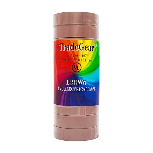 Image of TradeGear Brown 10 Pack - UL Listed Colored Electrical Tape, 60 ft x 3 /4 in, 600V, Flame Retardant, Waterproof, Rubber Adhesive - Phase Marking, Wire ID, Automotive