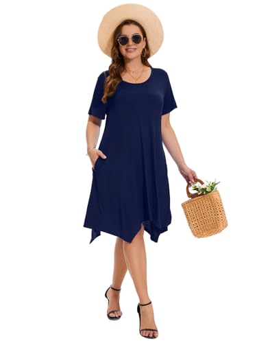 Image of ZENNILO Plus Size Tshirt Dress with Pockets Casual Summer Dresses Crew Neck Short Sleeve Swing Dress for Women