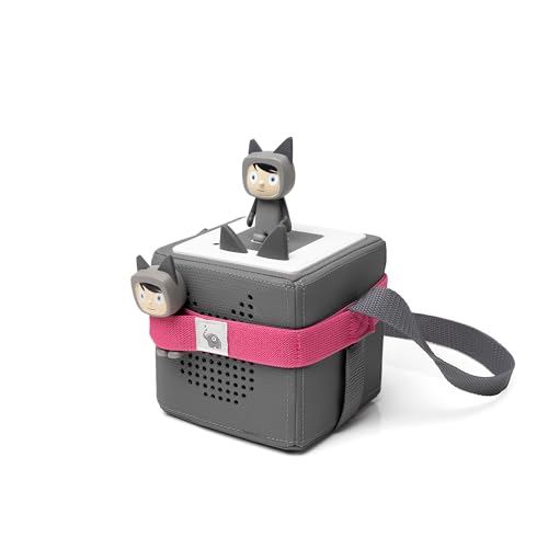 fantifant Musikbox-Träger für Tigerbox oder Toniebox und bis zu 8 Figuren | pink | Tragegurt mit stabilem Gummiband | 8 Laschen für Figuren