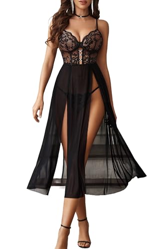 Avidlove Sexy Lingerie for Women Lace Mesh Babydoll Sleepwear Side Split V Neck Nightgown for Honeymoon Anniversaries