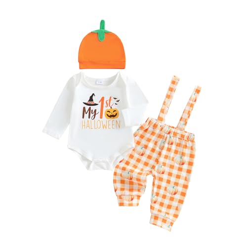 Newborn Baby Boy Halloween Outfit Pumpkin/Skull Long Sleeve Romper Overalls Pants Hat Set Cute Fall Winter Clothes