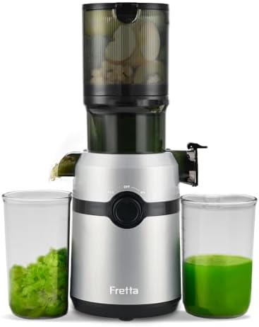 Cold Press Juicer Machines,Fretta Slow Masticating Juicer with 108mm &1.0L Hopper for Whole Fruits and Vegetables,200W Self Feeding High Yield Juice Extractor,PCTG BPA-Free, (Silver)