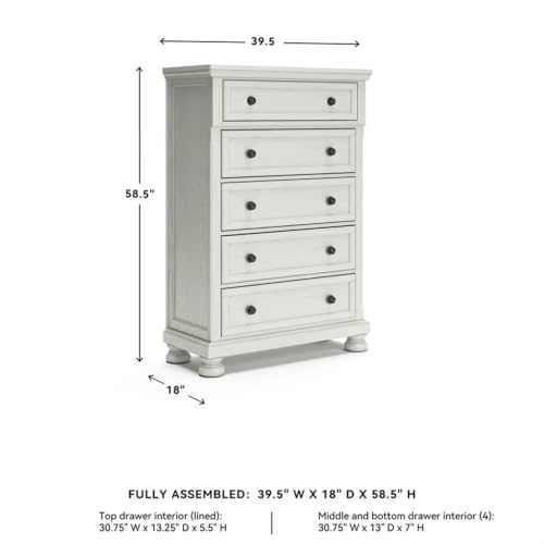 Image of Signature Design by Ashley Robbinsdale Tall Chest of Drawers, Antique White | 5 dovetail drawers, 58-in vertical profile, Select oak veneer, Engineered wood, Solid wood components, Cast resin components