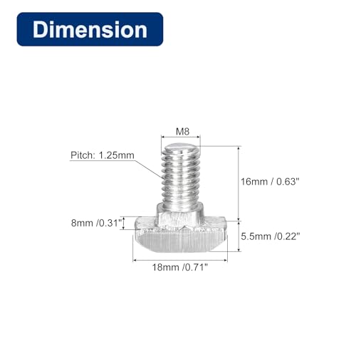 Image of uxcell 30Pcs T-Slot Bolts, M8 x 16mm Hammer Head Bolt T Screw Drop-in Stud for 4040 Series T-Slot Aluminum Extrusion Profile, 304 Stainless Steel, Silver