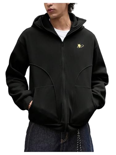 Verdusa Men's Graphic Zip Up Hoodie Star Print Oversized Hoodies Drop Shoulder Sweatshirt with Pockets3