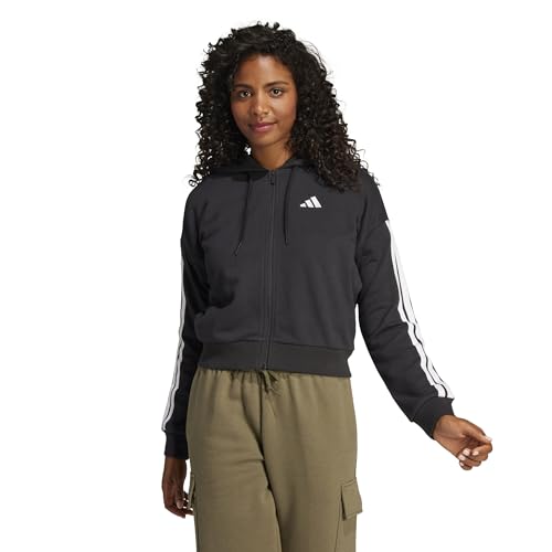 adidas Essentials Sweat à capuche zippé 3 bandes en tissu éponge pour femme, noir/blanc, M