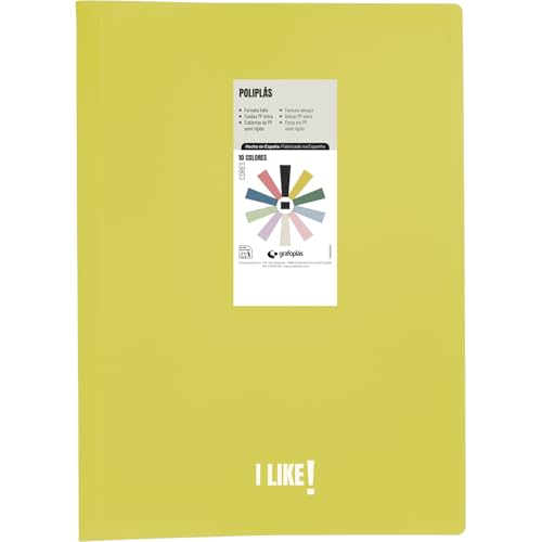 Grafoplas - Cartella con buste trasparenti in poliuretano, giallo, 40 buste in polipropilene extra, formato a libro, copertina flessibile, perfetto materiale scolastico e da ufficio