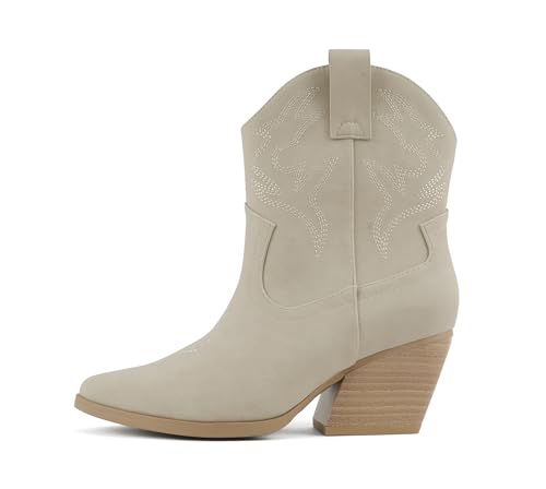 Soda “BLAZING” ~ Women Western Stitched Pointe Toe Low Heel High Top Ankle Shaft Boot Bootie (Sand Nubuck, 6)