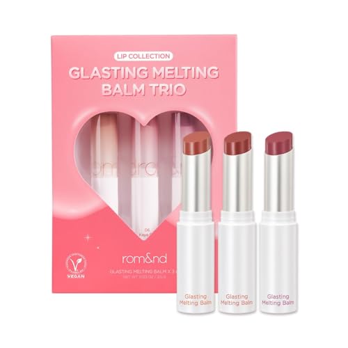 rom&nd Glasting Melting Balm Trio | Hydrating Lip Balm Set for Crystal Shine & Vivid Daily Colors | Non-Sticky Gentle Formula for Plump Dewy Lips | #05 Nougat Sand #06 Kaya Fig #07 Mauve Whip