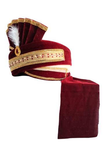 Image of BookMyCostume Dulha & Royal Wedding Turban Collection - Premium Silk, Velvet, Zari Work Safa with Kalgi & Brooch - Traditional Indian Dulha Pagdi /Sehra Perfect for Weddings & Role Plays for Men & Kids