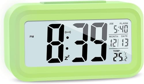 Image of Upgraded Digital Alarm Clock, 4.3 inch LED Display with Temperature Larger Lound Light Control Portable Snooze Calendar Brightness with Battery Powered Alarm Clocks Bedside for Everyone (Green)