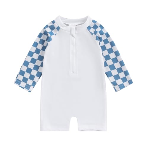 Image of Lesimsam Toddler Baby Boy Swimsuit Checkered Patchwork Long Sleeve One Piece Zipper Bathing Suit Rash Guard Swimwear Sunsuit