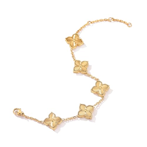 Four Leaf Clover Bracelet for Women 14K Gold Plated Dupes Stainless Steel Link Bracelet Wrist Jewelry (14K Gold)2