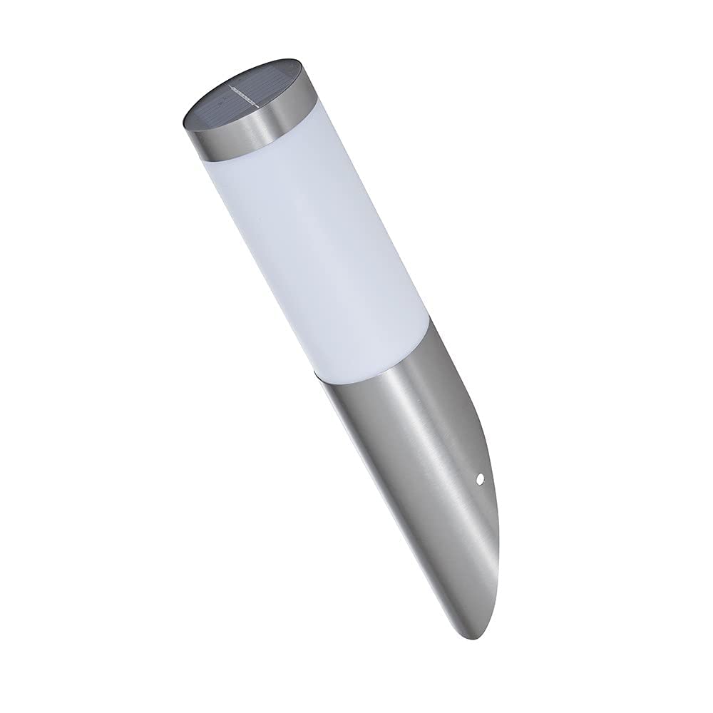 BiardSolar Powered Angled Outdoor Wall Light - Modern Silver Stainless Steel LED Light - Weatherproof IP44 Protection