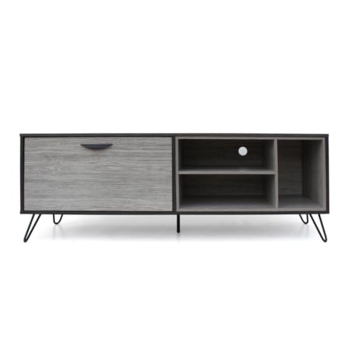 Image of Flux Engineered Wood TV Cabinet & Entertainment Unit | Modern TV Stand with 1 Flip-Down Door & Open Storage Shelves | Media Console for Living Room | Hairpin Legs | Grey & Charcoal Finish