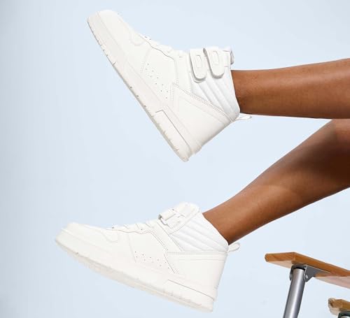 Image of LUCKY STEP Women High Top Fashion Sneakers Ankle Boots | Basketball Walking Tennis Shoes Platform Hook and Loop Faux Leather Sneaker