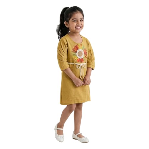 Hopscotch Girls Floral Applique Dress in Mustard Color For Ages (4-5 Years) Deal