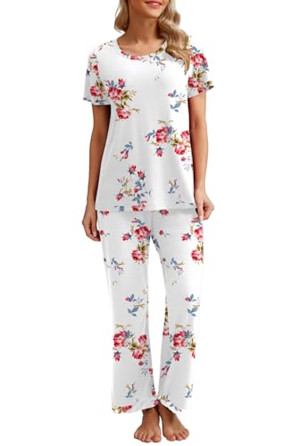 PrinStory Schlafanzug Damen Kurzarm Lässig Pyjama Set Rundhals Nachtwäsche Schlafanzugoberteile Und Lange Schlafanzughose Mit Taschen (Rose Weiß,M)
