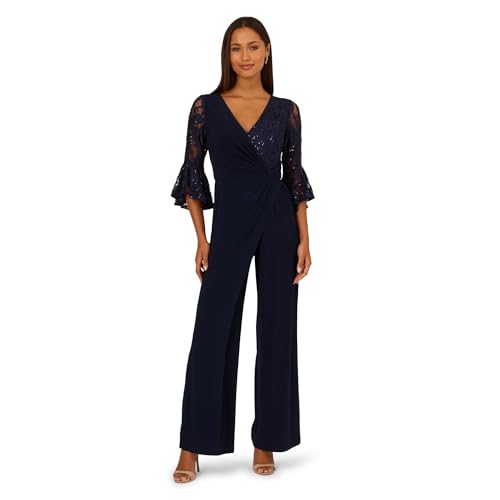 Adrianna Papell Women’s Surplice Lace Combo Jumpsuit Midnight, Midnight, 14