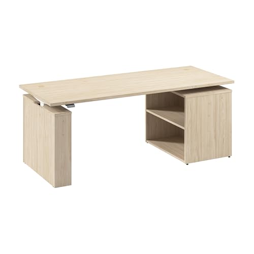 Image of Bush Business Furniture 72-inch Electric Height Adjustable Standing Desk with Bookcase, Ergonomic Sit-Stand Computer Table for Office, Stratus Collection, Natural Elm with White Base