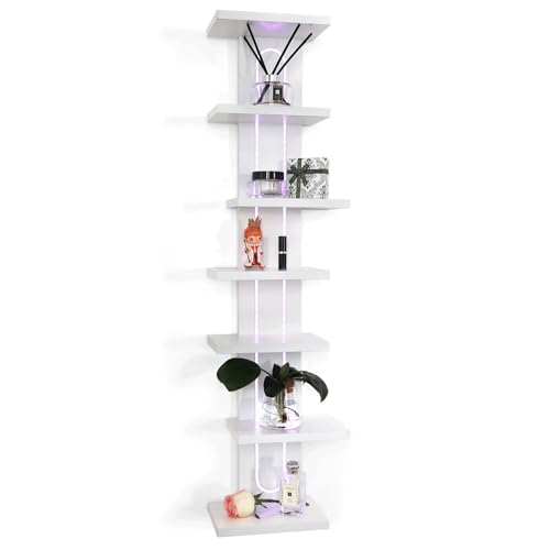 Homaterial 7-Tier RGB Floating Shelves for Gaming Room & Display, Unique Asymmetrical Wall Shelves with Lights & Remote, Vertical Lack Shelf for Collectibles, Room Decor, White