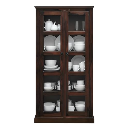 Image of SONA ART & CRAFTS Sheesham Wooden Crockery Cabinet with Glass Door | Solid Wood Multipurpose Storage Cabinets for Living Room Home & Kitchen | Book Shelf Wooden - Walnut Finish