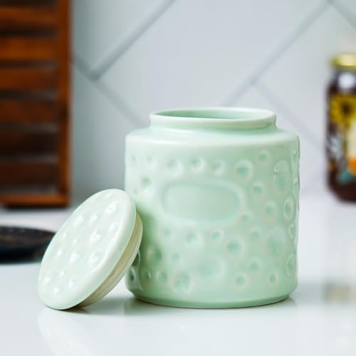 Image of Ceramic Storage Jar with Lid for Kitchen 800 ml | Decorative Ceramic Container for Tea, Coffee, Sugar, Spices, Cookies & Snacks | Multipurpose Countertop Food Storage Canister for Home | Green