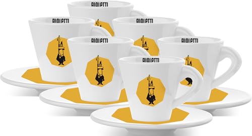 Bialetti 6 Yellow Cappuccino Cups Set with Saucers, Porcelain
