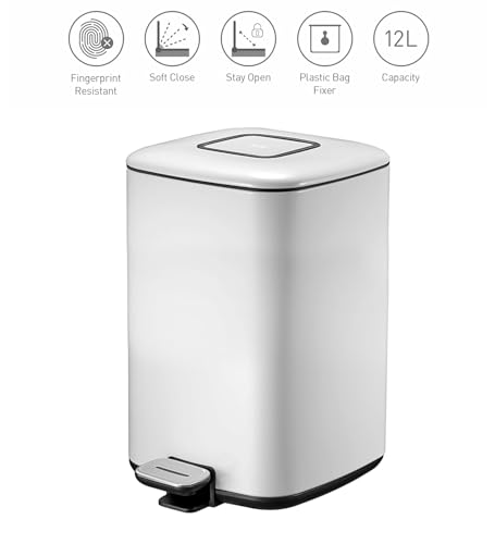Image of Obsessions EKO Soft-Close Bathroom Trash Can - 12L Stainless Steel Pedal Bin with Lid & Liner, Elegant White Waste Basket for Home & Kitchen