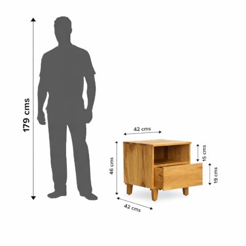 Image of Premium Wood Bed Side Table with 1 Drawer and 1 Shelf | Wooden Side Table | Sofa Side Table (Natural Finish)