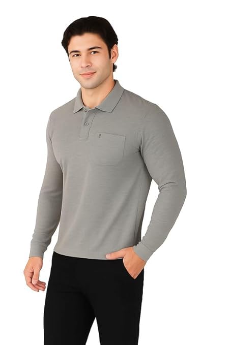 Image of Men's Cotton-Rich Full-Sleeve Polo T-Shirt with Pocket Premium Pique Fabric Casual & Stylish